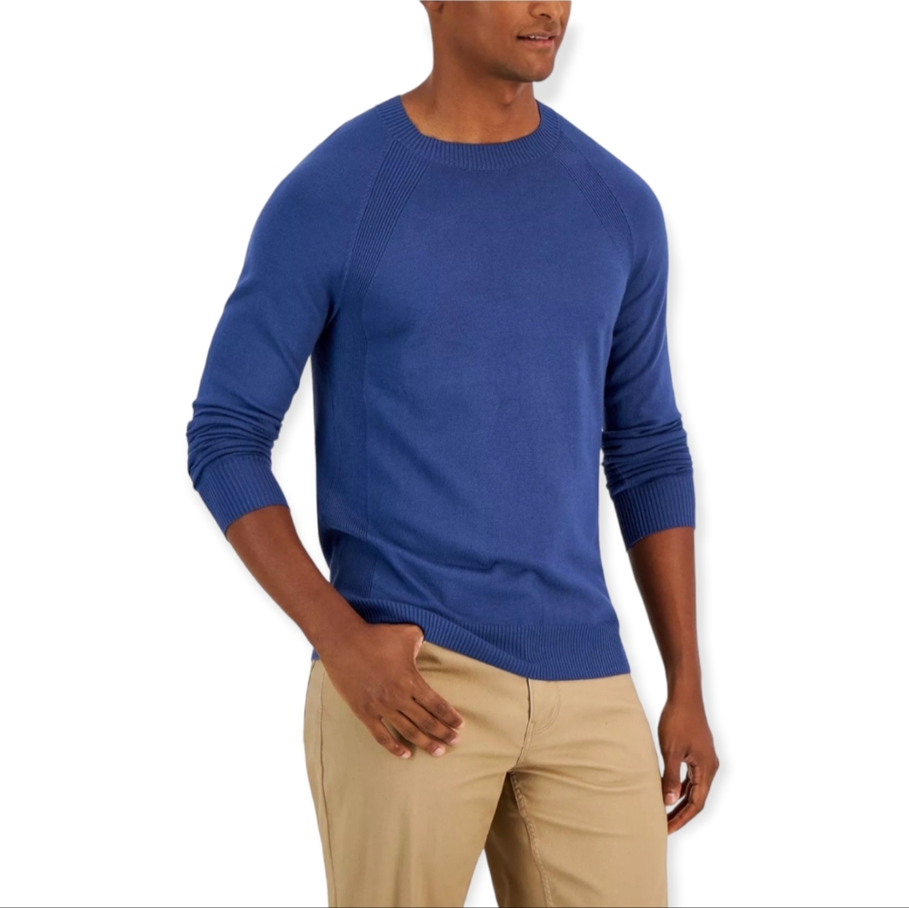 Alfani Mens Ribbed Ranglan Pullover Sweater Blue Nite Escape Large NWT